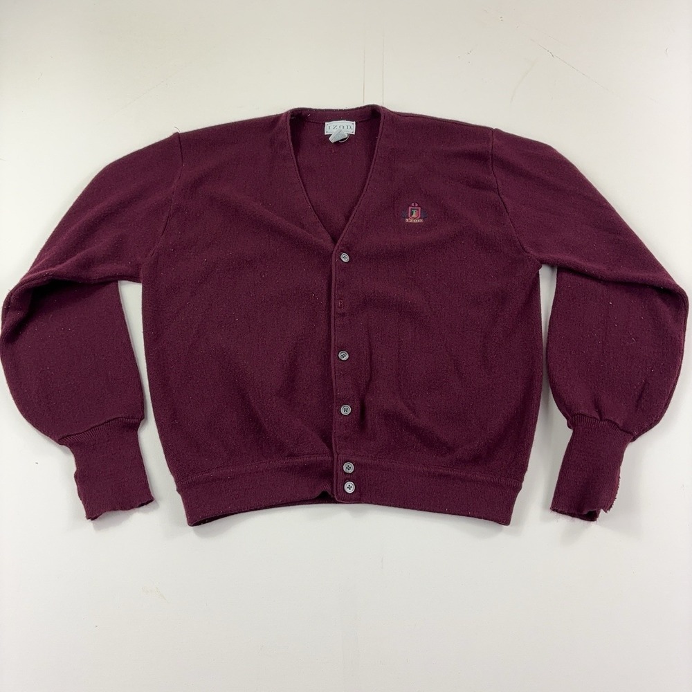 Vintage 70s Izod Sweater Mens XL Red V Neck Acrylic Knit Button Cardigan Grandpa